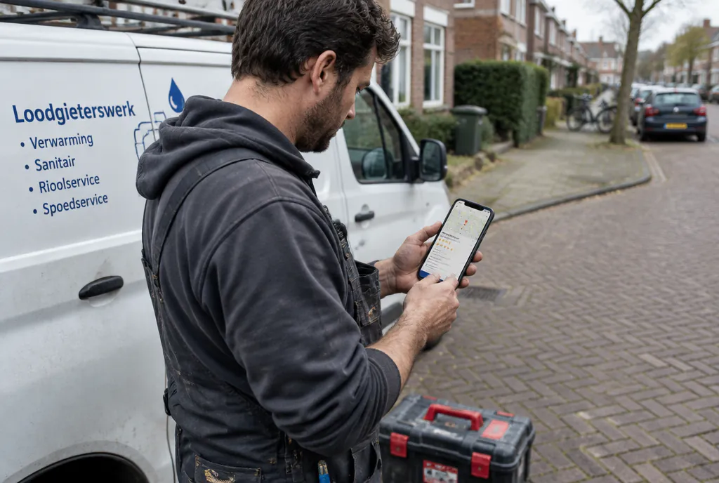 Een loodgieter staat bij een bedrijfsbus en bekijkt op een telefoon een bedrijfsprofiel met een kaartje en sterren.