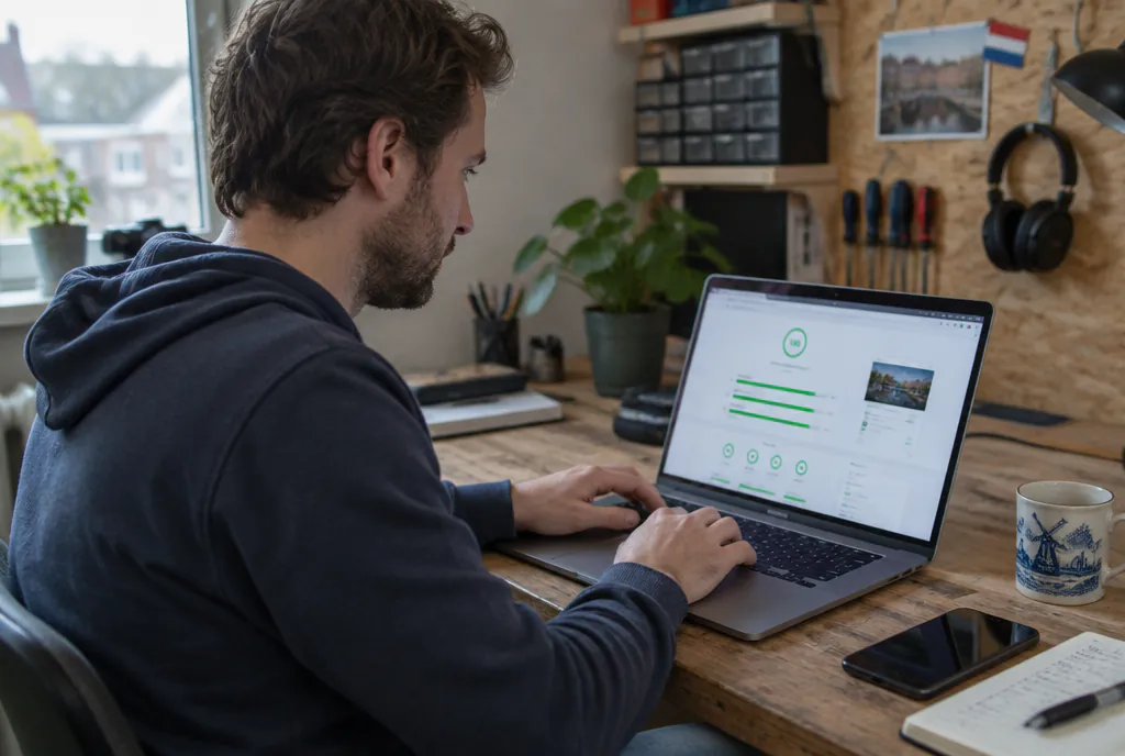 Iemand werkt aan een laptop met een scorescherm vol groene balken en vinkjes, aan een houten bureau met planten en gereedschap aan de wand.