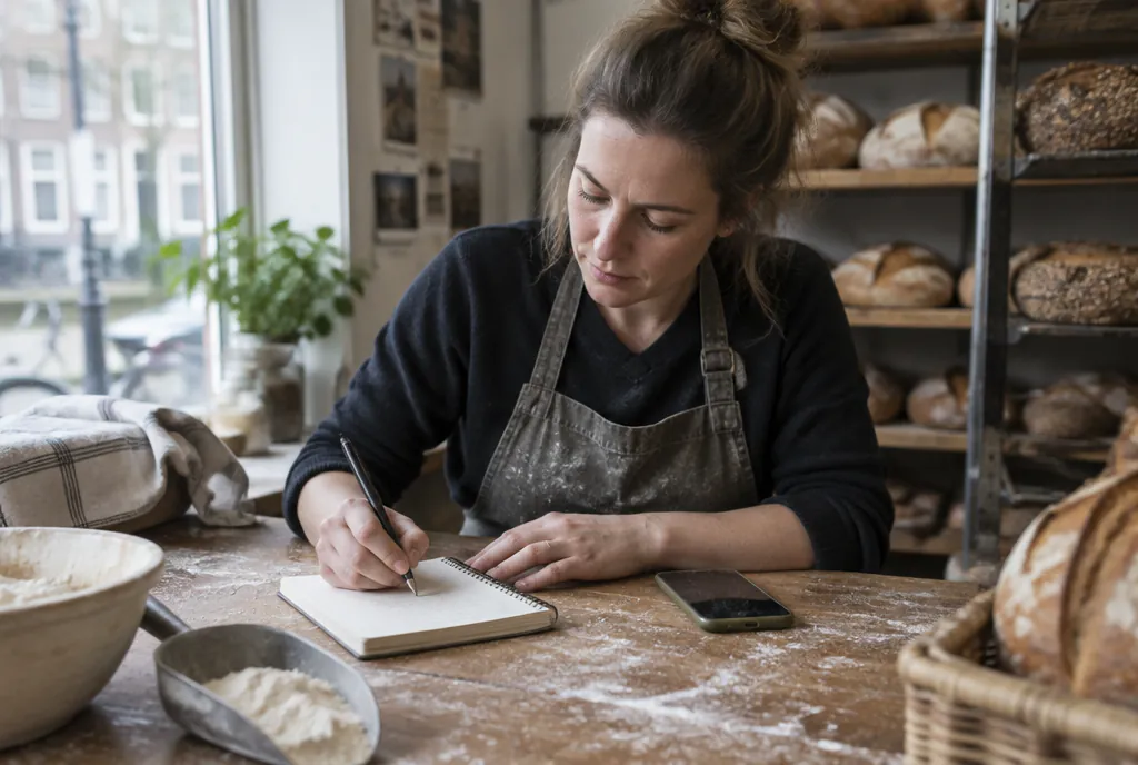 Een bakker in schort schrijft iets op in een notitieboekje aan een met meel bestoven werktafel, met een telefoon ernaast en rekken vol brood erachter.